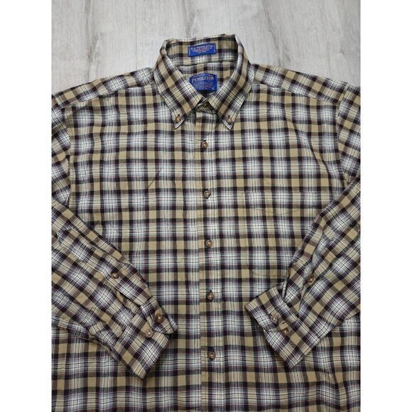 Pendleton Virgin Wool Stewart Camel Tartan Long Sleeve Button Down Shirt Large - Picture 3 of 6